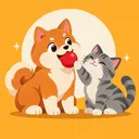 柴犬叼著紅球，灰虎斑貓舉起前腳撥球