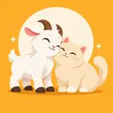 白色小羊和乳白色小貓閉著眼睛，頭靠在一起