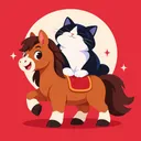 賓士貓閉著眼睛，坐在棕色小馬背上的紅色鞍墊上
