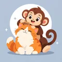 小猴子拿木梳幫橘白貓梳毛，貓閉著眼睛很享受