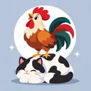 公雞站在蜷著睡覺的黑白乳牛貓身上啼叫