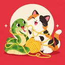 綠色小蛇和三花貓一起玩黃色毛線球