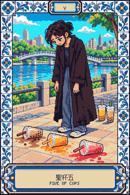 聖杯五:河岸步道上,一個綁著亂髮包頭、穿深咖啡色長大衣的人低著頭,皺眉看著腳前打翻的三杯飲料,珍珠奶茶、橘色和粉紅色的都灑了一地