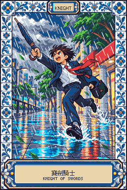 寶劍騎士:狂風暴雨的街上,一個穿深藍西裝、白襯衫的年輕上班族張嘴大喊,往前飛奔,腳踩進水窪濺起水花
