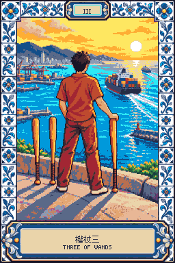 權杖三:金黃色的天空下,太陽低低掛在海面上